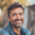 Homme souriant en veste denim, extérieur lumineux.