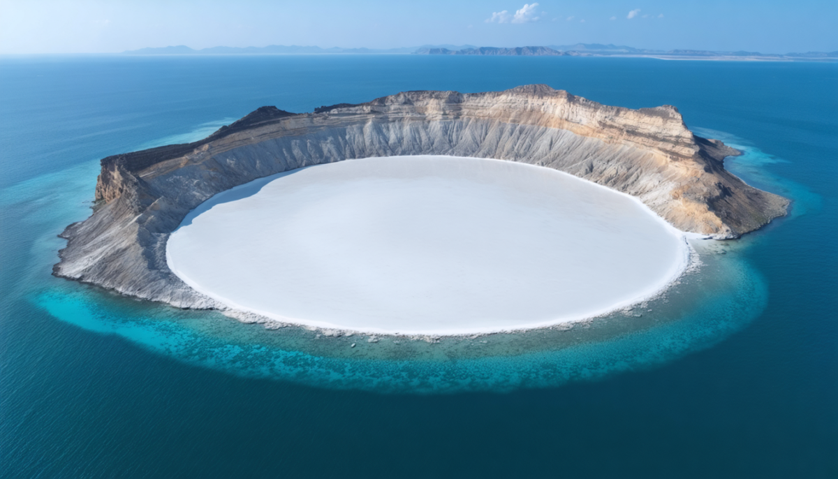 découvrez une île unique de 216 km² qui abrite le seul cratère salin au monde, célèbre pour sa concentration exceptionnelle de 86% de sel.