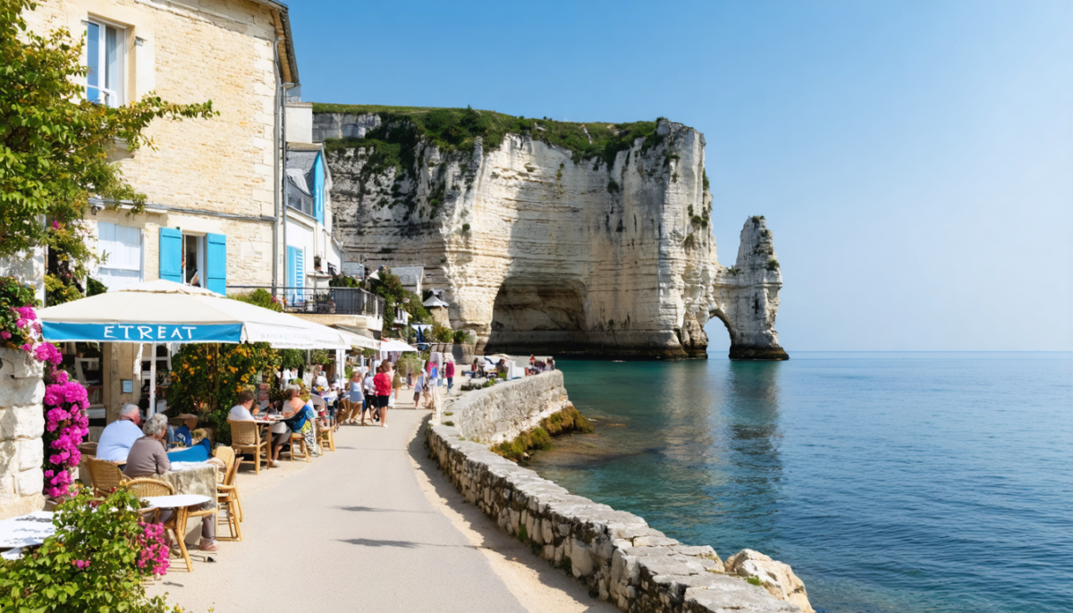 découvrez étretat, charmant village normand de 1 167 habitants, réputé pour ses impressionnantes arches de craie. chaque année, 2 millions de visiteurs viennent admirer ses paysages spectaculaires.